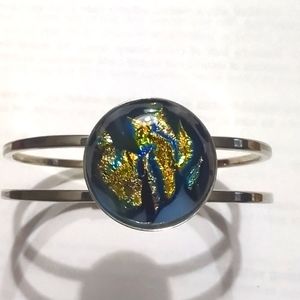 Hinged Silver Dicrohic Glass Bracelet